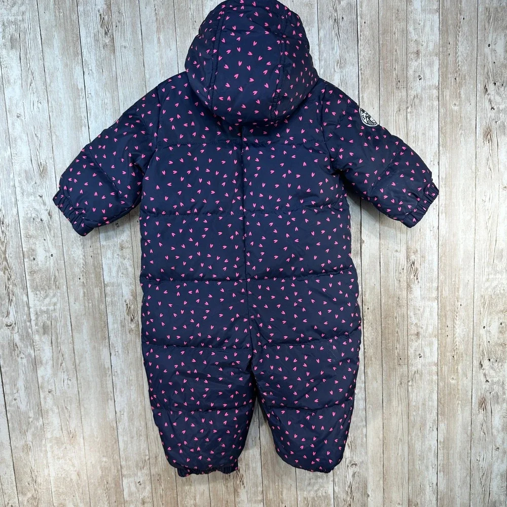 Baby Gap Puffer One Piece Snowsuit‎ Pram Suit Navy Pink Hearts Size 6- 12 Months